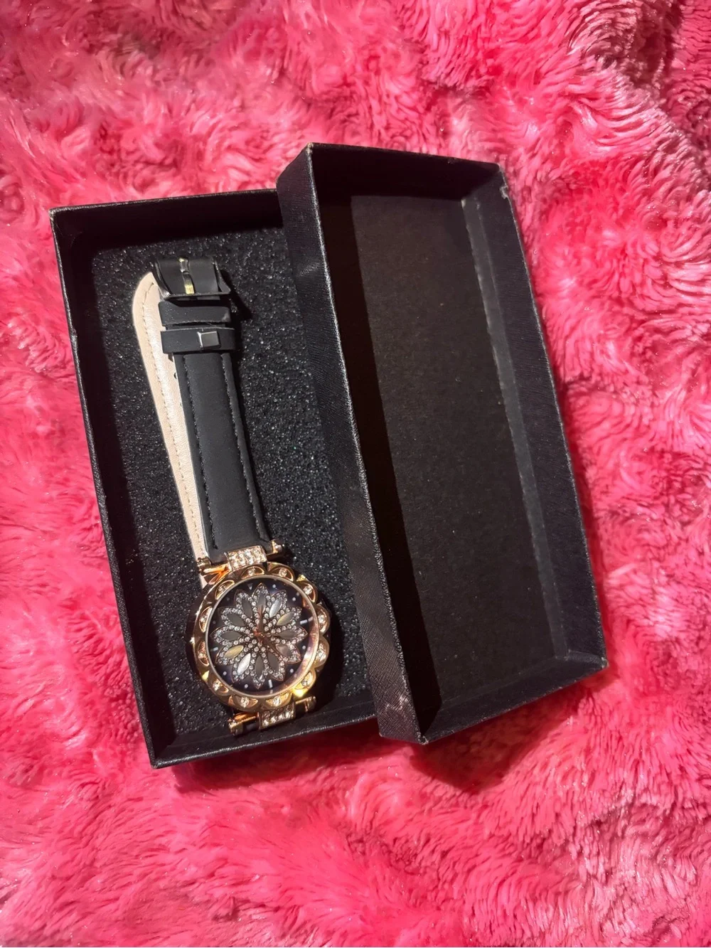 Elegant Floral Crystal Dial Leather Strap Watch - available in White, Red, Black